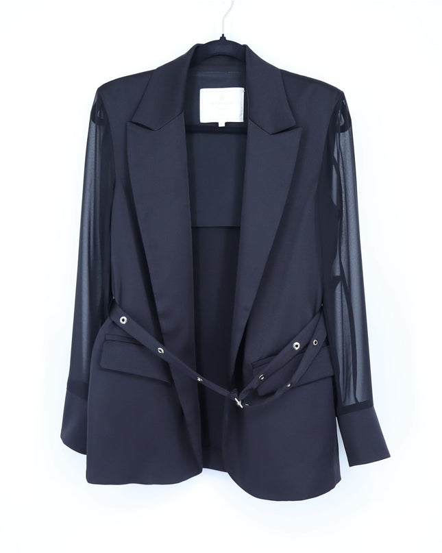 Eureka Babylon Black Satin Belted Blazer Sheer Mesh Long Sleeve Women's 42/US 6