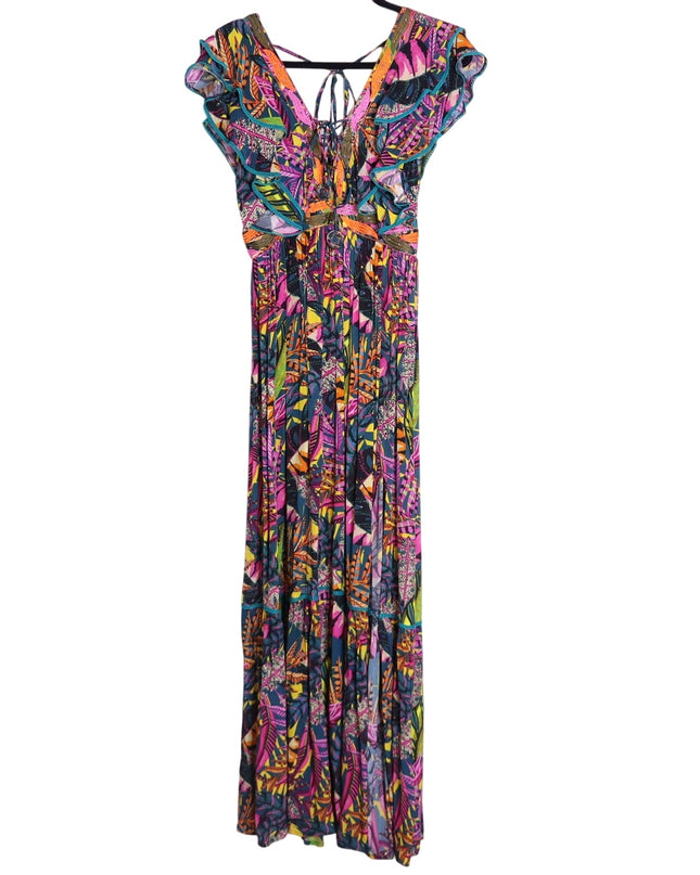 TAJ BY SABRINA CRIPPA Flamingo Maxi Dress High Summer Ruffle Women's S