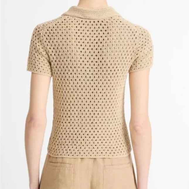 Vince Macrame Cotton Polo Sweater Pale Nut Open Knit Pullover Women's L