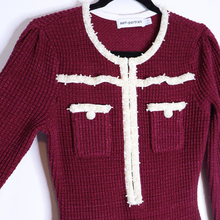 Self-Portrait Burgundy Pearl Trim Knit Midi Dress Long Sleeve Women's M