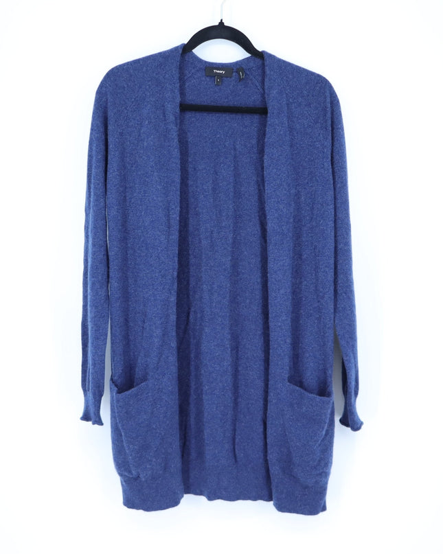 Theory 100% Cashmere Open Long Line Cardigan Blue Fitted Sleeve Women's S