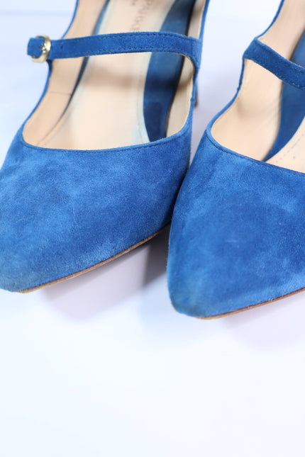 MARION PARKE Mitchell Blue Suede Caged Heel Multi Buckle Women's 36/US 6