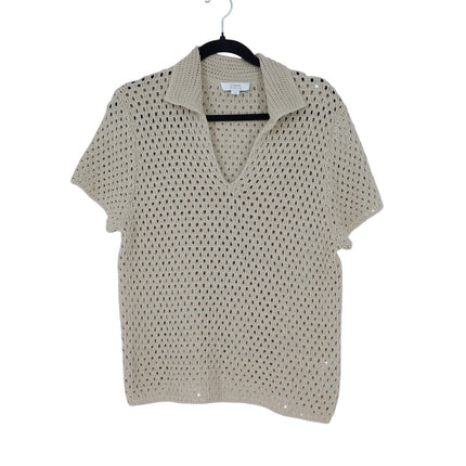 Vince Macrame Cotton Polo Sweater Pale Nut Open Knit Pullover Women's L