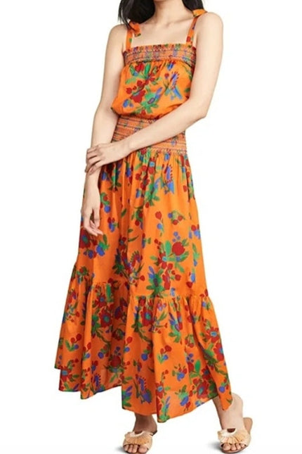 TORY BURCH Printed Smocked Dress Orange Floral Floral Tie Strap Women's S