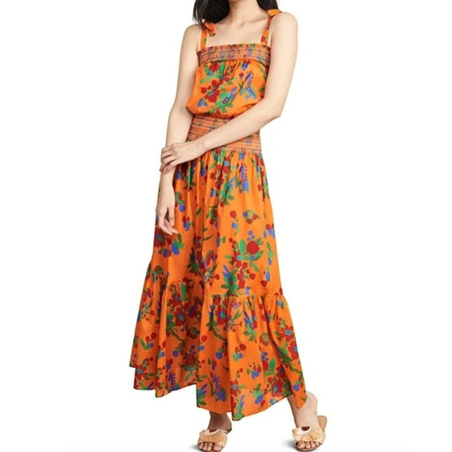 TORY BURCH Printed Smocked Dress Orange Floral Floral Tie Strap Women's S