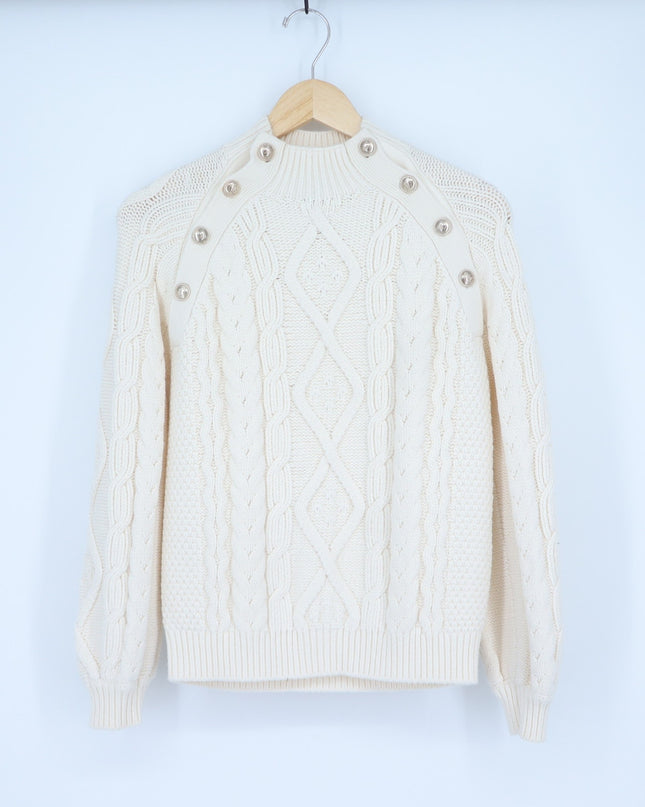 MAJE Braided Knit Chunky Sweater Ecru With Gold Button Jumper Women's 1/US S