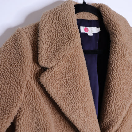 BODEN Hereford Teddy Bear Coat Tan Long Sleeve Elbow Stripes Women's 2