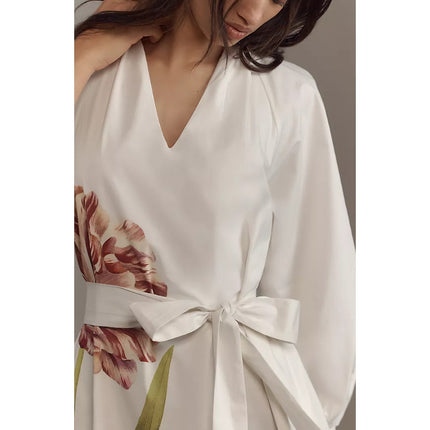 ANTHROPOLOGIE Belted V-Neck Midi Dress White Floral NWT Long Sleeve Women's XS