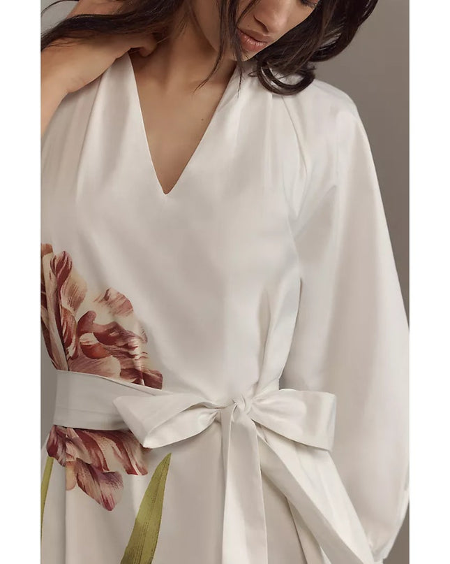 ANTHROPOLOGIE Belted V-Neck Midi Dress White Floral NWT Long Sleeve Women's XS