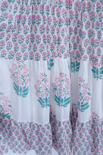 OLIPHANT Long Tiered Tassel Dress White Pastel Ditsy Floral Peasant Women's L