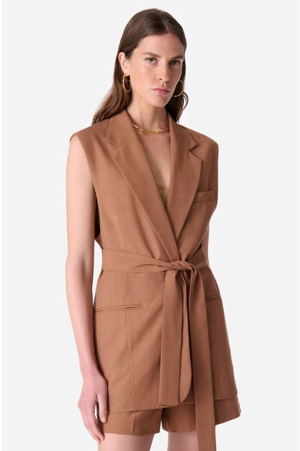 VANESSA BRUNO Christen Belted Longline Sleeveless Jacket Camel Women's 40/US 8