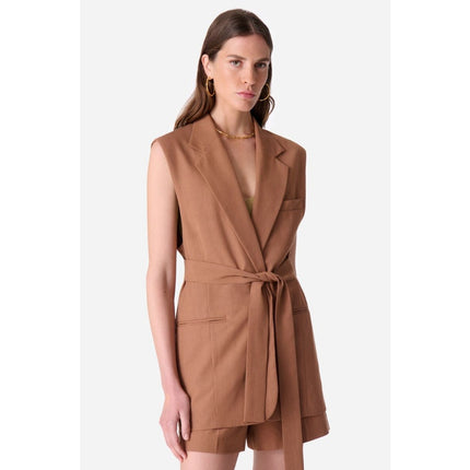 VANESSA BRUNO Christen Longline Sleeveless Jacket Camel Belted Women's 40/US 8