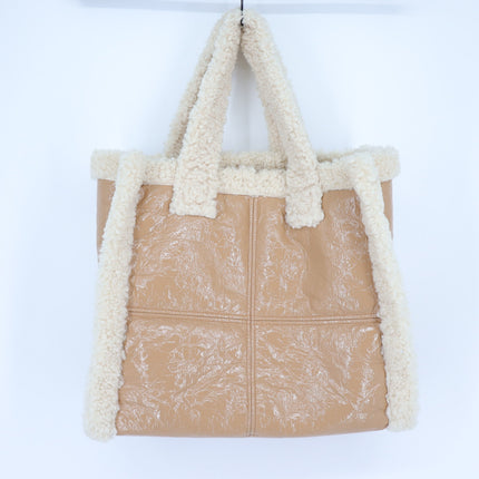 Stand Studio Lolita Tote Bag Faux Shearling Trimmed Beige and White