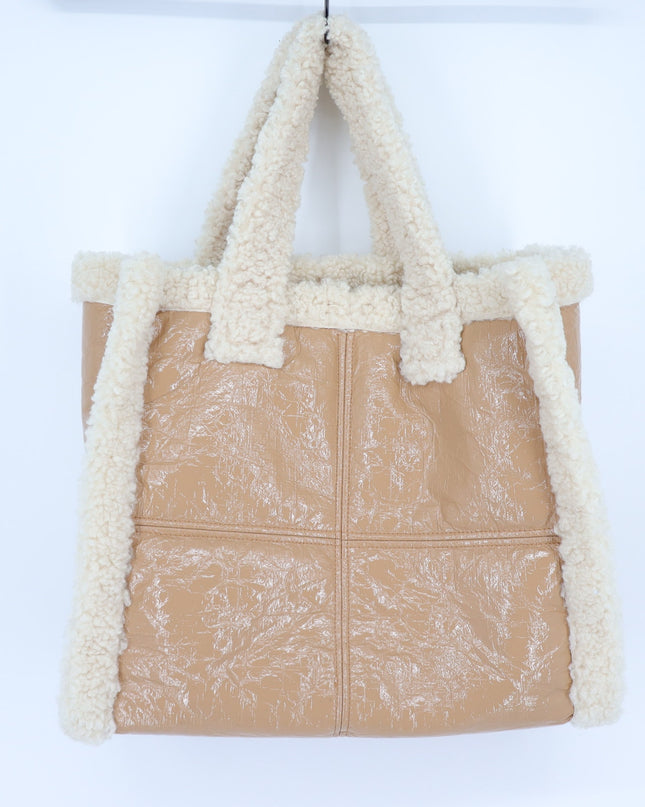 Stand Studio Lolita Tote Bag Faux Shearling Trimmed Beige and White