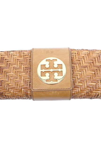 TORY BURCH Raffia Clutch with Beige Leather Top Flap Gold Hardware Canvas Lined