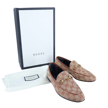 Gucci Jordaan Horsebit Loafers Beige GG Canvas Slip On Women's 35.5/US 5.5