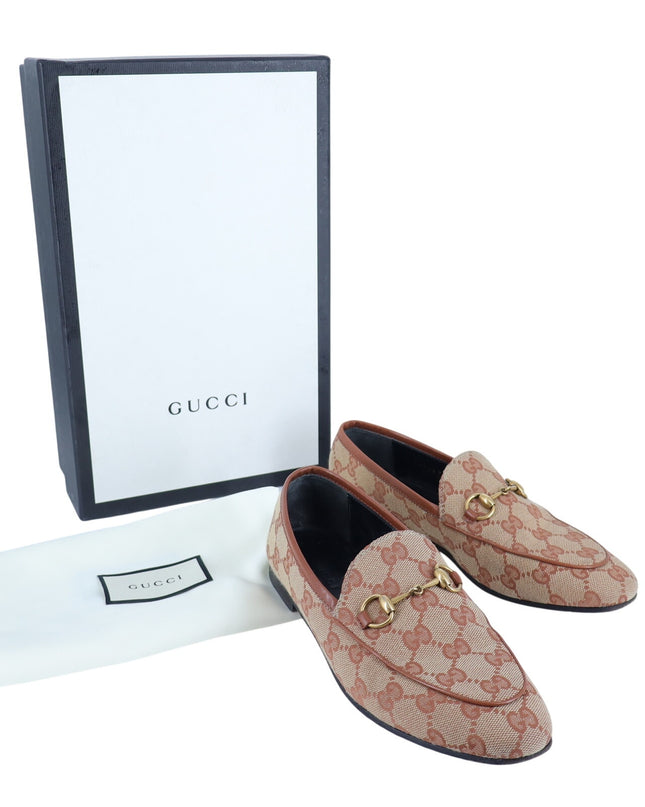 Gucci Jordaan Horsebit Loafers Beige GG Canvas Slip On Women's 35.5/US 5.5