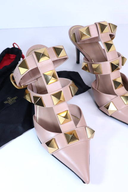 VALENTINO Roman Stud Leather Heeled Sandal Blush Pink Pointed Toe Women's 36
