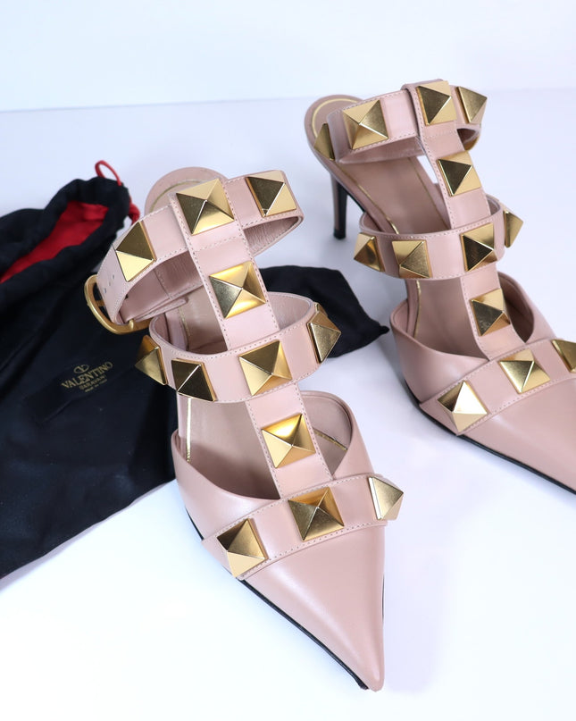 VALENTINO Roman Stud Leather Heeled Sandal Blush Pink Pointed Toe Women's 36