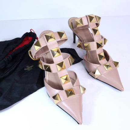 VALENTINO Roman Stud Leather Heeled Sandal Blush Pink Pointed Toe Women's 36