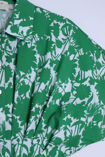 EXQUISE Madilynn Short Sleeve Pleated Blouse Green Button Front Women's XS