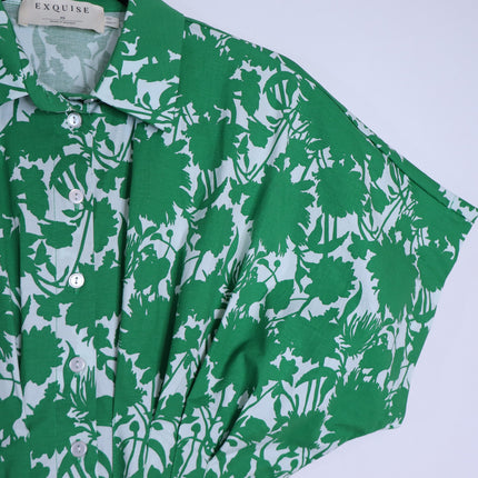 EXQUISE Madilynn Short Sleeve Pleated Blouse Green Button Front Women's XS