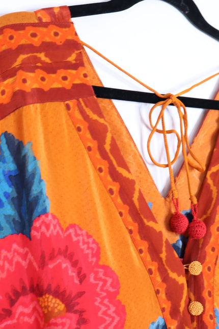 FARM RIO Long Sleeve V Neck Mini Dress Orange Floral Kimono Women's M