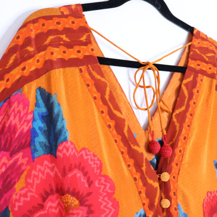 FARM RIO Long Sleeve V Neck Mini Dress Orange Floral Kimono Women's M