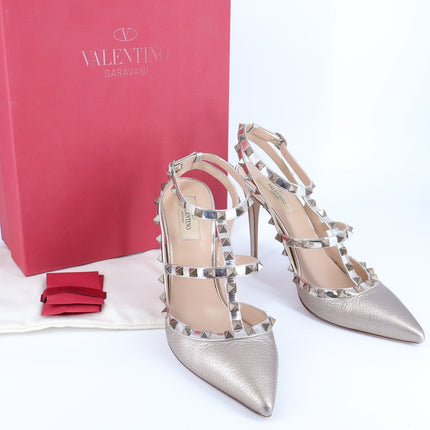 VALENTINO GARAVANI Rockstud Metallic Pumps Iron Ankle Strap Women's 41.5/US 11.5