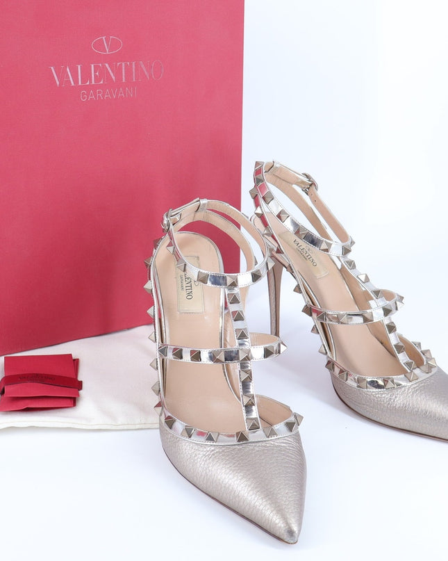 VALENTINO GARAVANI Rockstud Metallic Pumps Iron Ankle Strap Women's 41.5/US 11.5