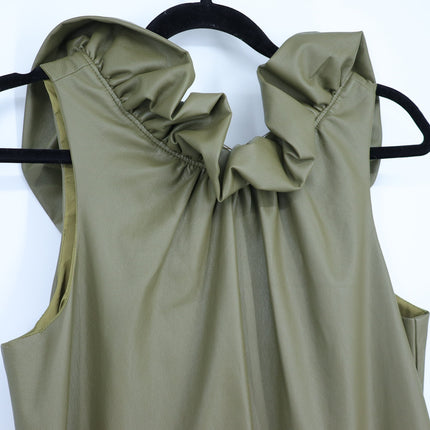 Trina Turk Twin Falls Mini Dress Olive Green Faux Leather Ruffle Neck Women's S