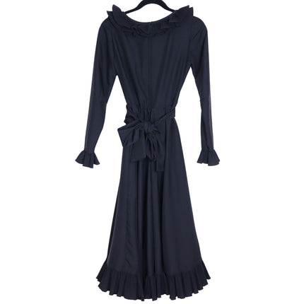 VICTOR COSTA Vintage 90s Midi Dress Black Ruffled Trim Long Sleeve Women's 4