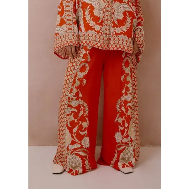 Raishama Studio Sapphira Trousers Orange Floral Palazzo Pull On Women's 10