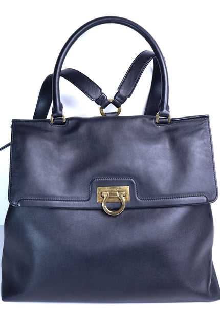 SALVATORE FERRAGAMO Trifolio Leather Backpack Black Top Handle Convertible