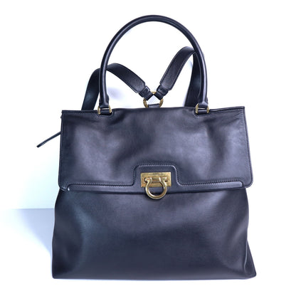 SALVATORE FERRAGAMO Trifolio Leather Backpack Black Top Handle Convertible