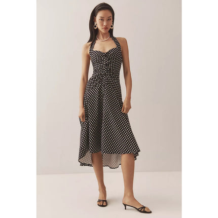 MAEVE Halter Ruched Midi Dress Black Polka Dot NWT Sleeveless Women's 10