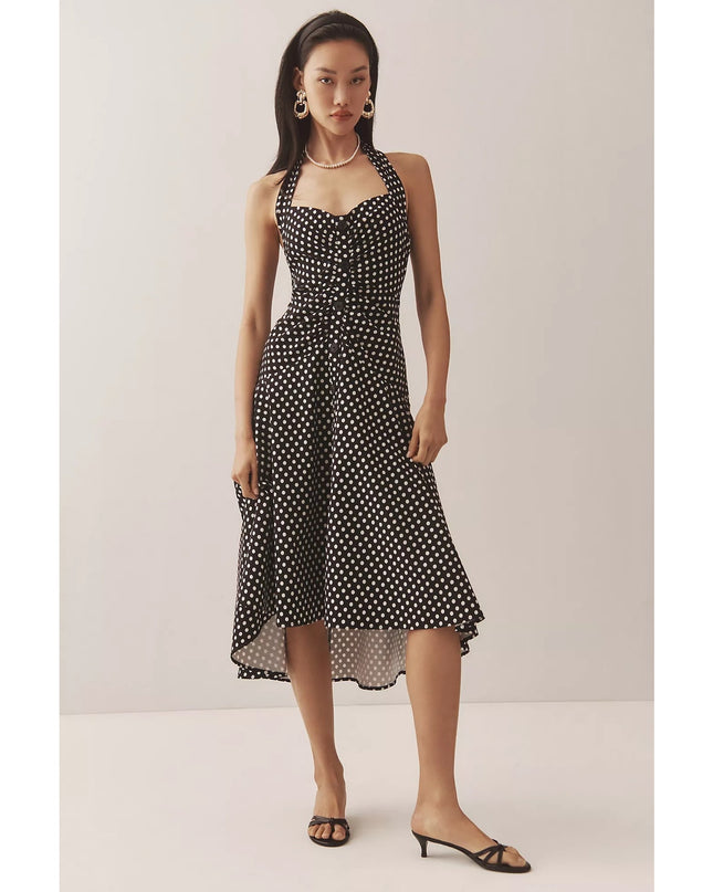 MAEVE Halter Ruched Midi Dress Black Polka Dot NWT Sleeveless Women's 10