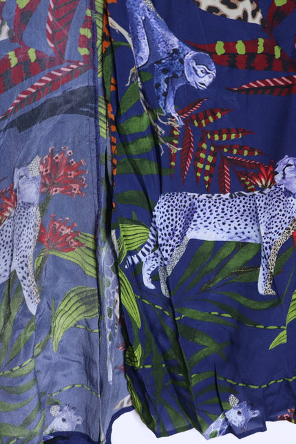 TAJ BY SABRINA Malta Blue Wrap Dress Embroidered Safari Print Women's XS