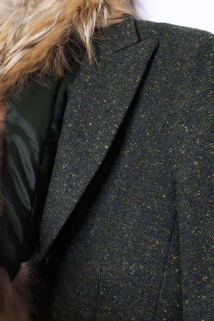 THEORY Tweed Blazer Olive Green Removable Rabbit Fur Collar Jacket Women's 8