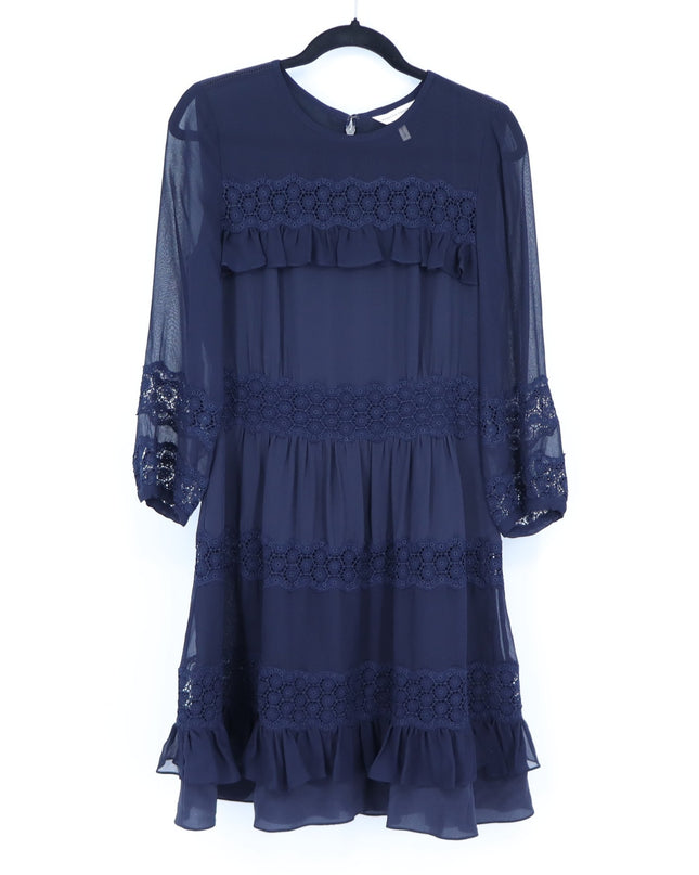 Rebecca Taylor Silk Lace Tiered Dress Maritime Blue 3/4 Sleeve Women's 4