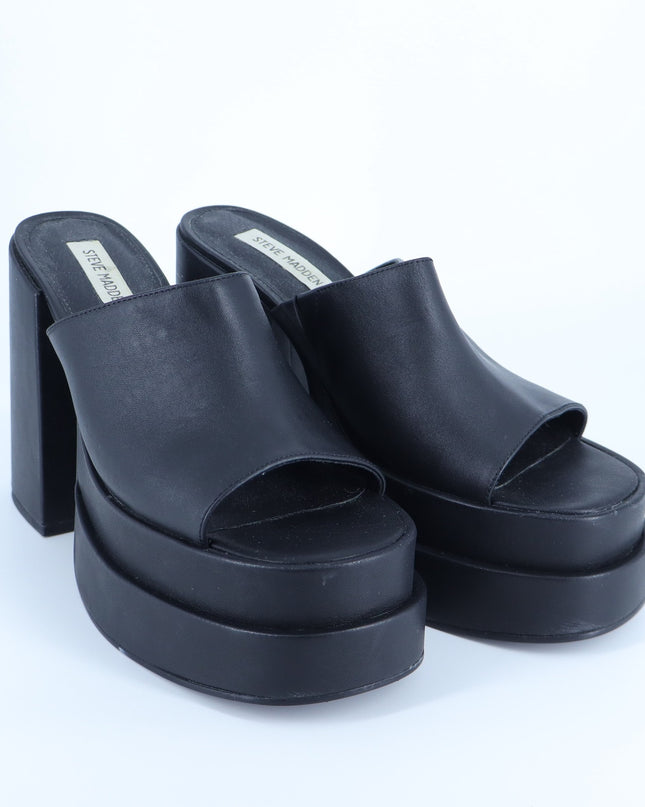 Steve Madden Cagey Heeled Sandals Black Leather Platform Slip On Women's 10M
