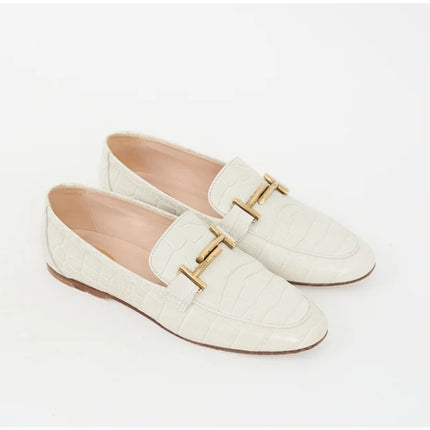 Tod's Double T Croc-Embossed Leather Loafer Ivory Slip On Women's 35/US 5