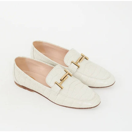 Tod's Double T Croc-Embossed Leather Loafer Ivory Slip On Women's 35/US 5