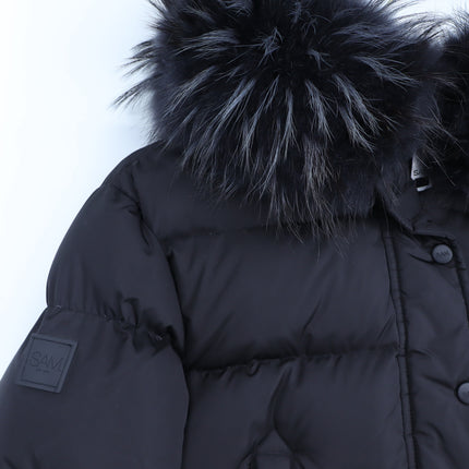 SAM. Skylar Bomber Jacket Matte Black Down Puffer Raccoon Trim Women's S