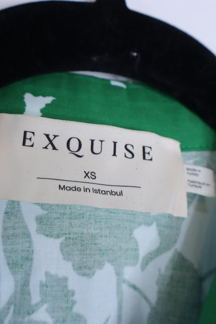 EXQUISE Madilynn Short Sleeve Pleated Blouse Green Button Front Women's XS