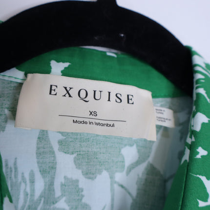 EXQUISE Madilynn Short Sleeve Pleated Blouse Green Button Front Women's XS
