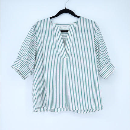 Frame V Neck Popover Blouse Green Gem Stripe Half Sleeve Women's M