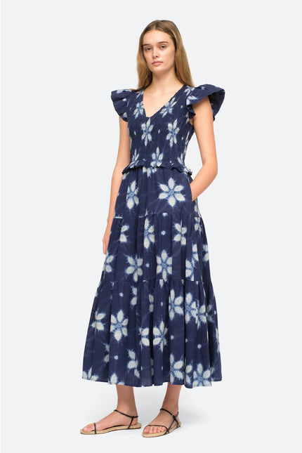 SEA Isla Midi Dress Navy Print Smocked Cotton Peasant Flutter Sleeve Women's 4