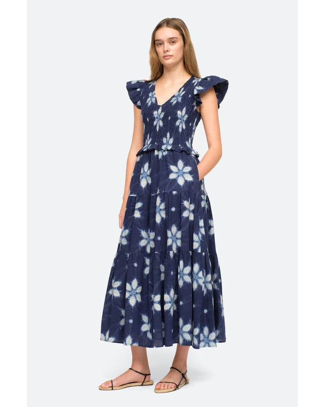 SEA Isla Midi Dress Navy Print Smocked Cotton Peasant Flutter Sleeve Women's 4