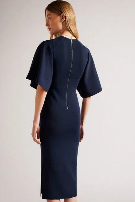 TED BAKER Lounia Bodycon Midi Dress Navy Blue Flare Sleeve Women's 2